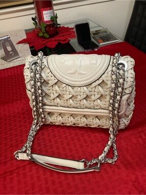 Tory Burch Fleming White Woven Leather Shoulder Bag with Silver Chain